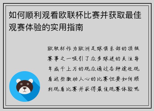 如何顺利观看欧联杯比赛并获取最佳观赛体验的实用指南